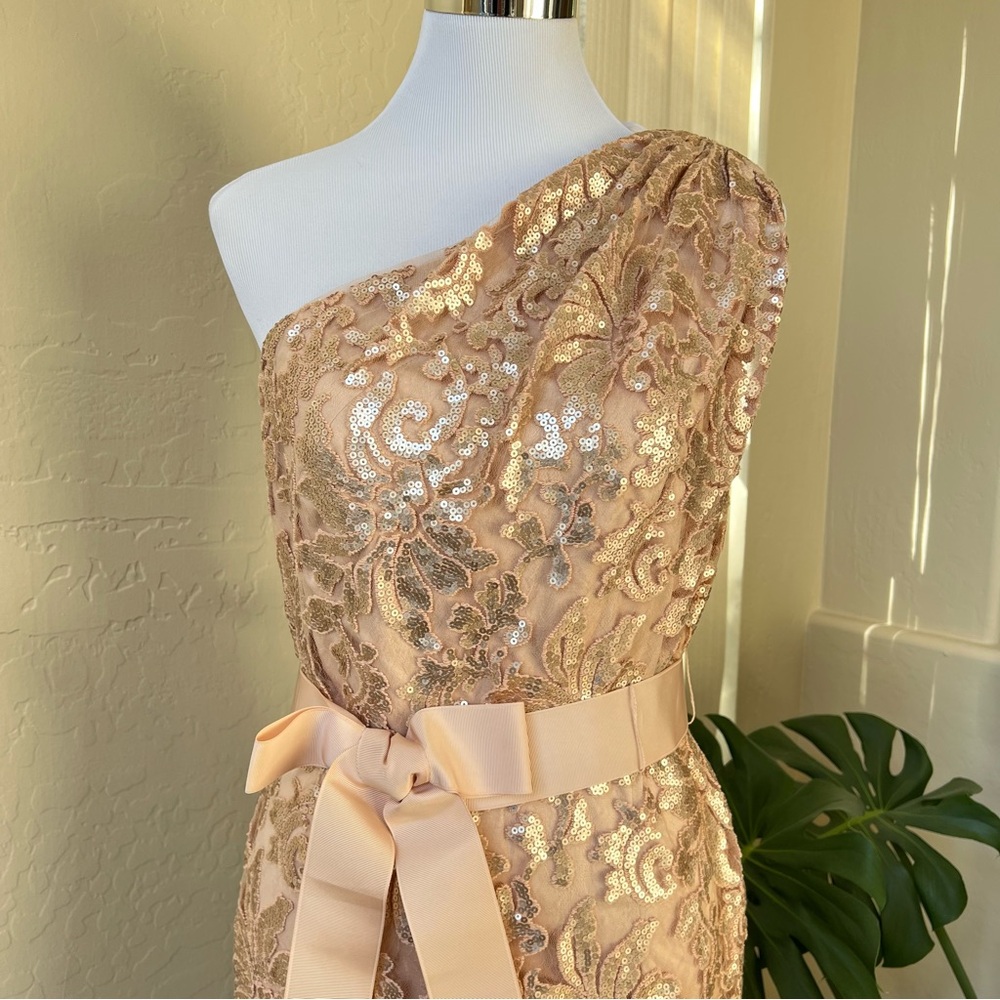 Tadashi Shoji $328 Champagne Sequined One Shoulder Knee Length Dress 12 - Picture 6 of 13